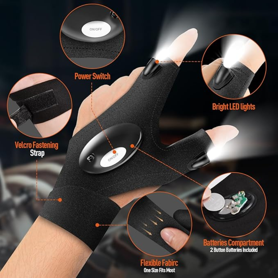 Guantes DexLight con linterna LED, mostrando detalles como el interruptor, luces brillantes y correa de velcro.