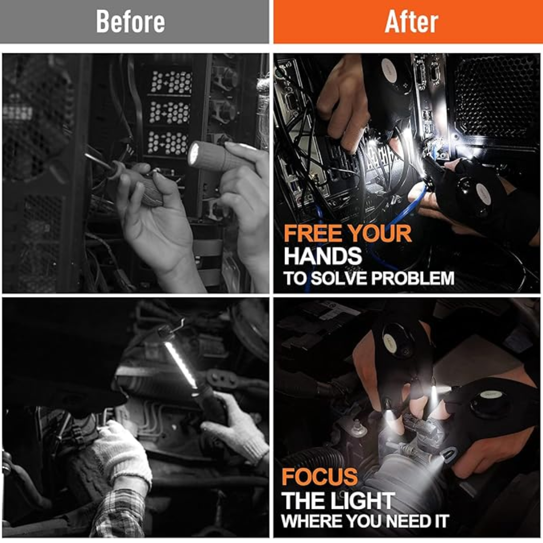 Comparison image showing dexterity improvement with the DexLight gloves integrated with a LED flashlight, highlighting hands-free convenience.
