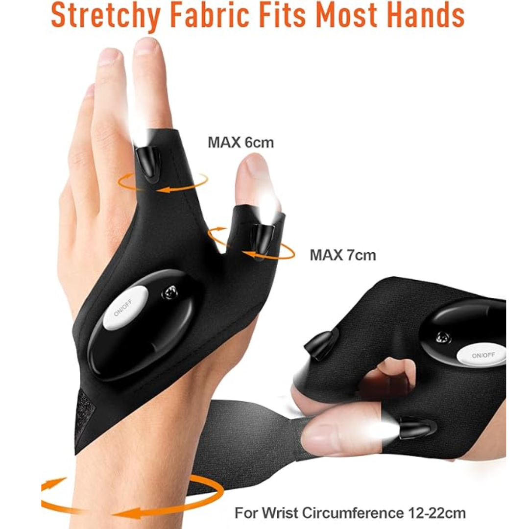 Guantes DexLight con linterna LED, ajuste elástico y cómodo para manos, ideal para trabajos nocturnos.