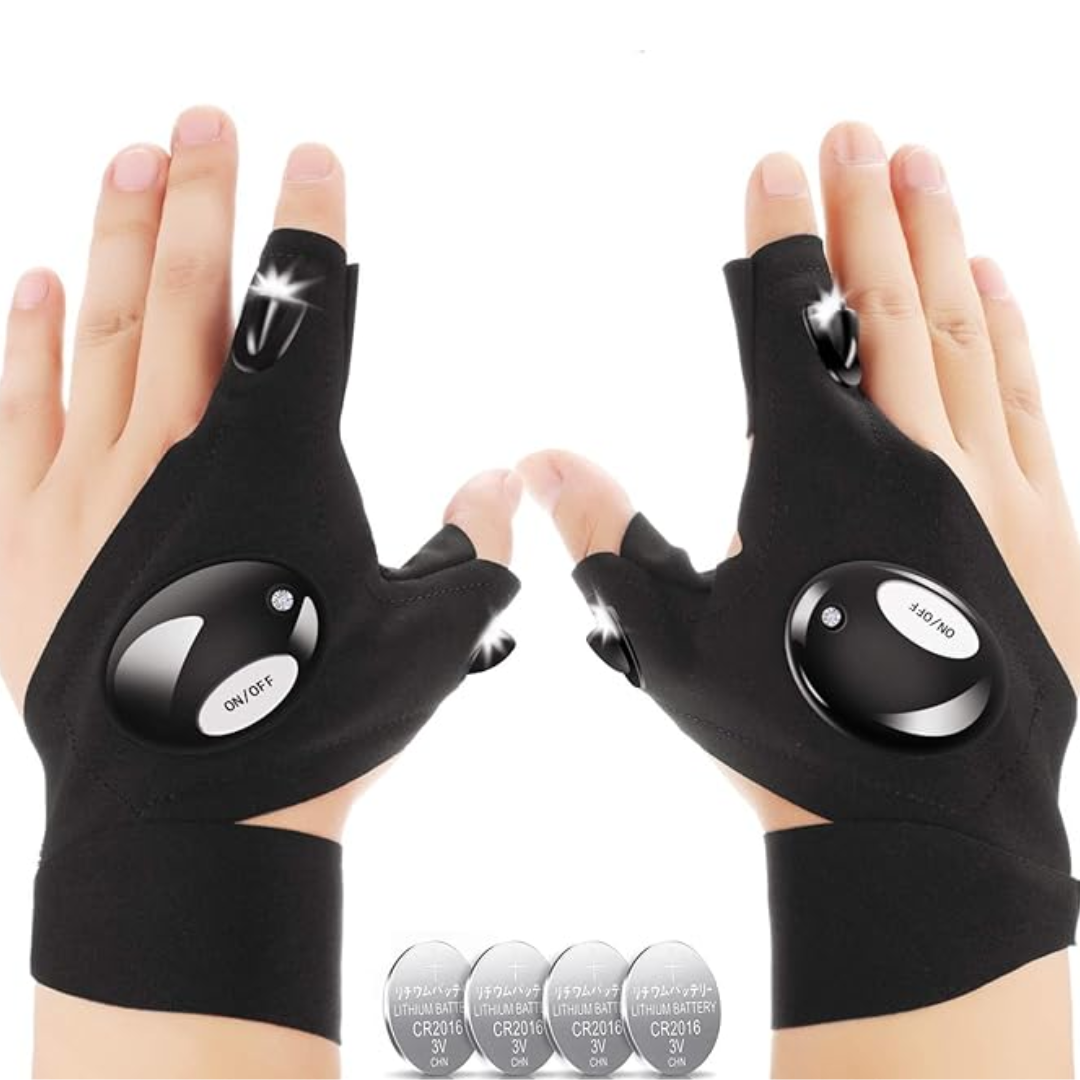 Guantes DexLight con linterna LED integrada, resistentes al agua, perfectos para iluminación manos libres.